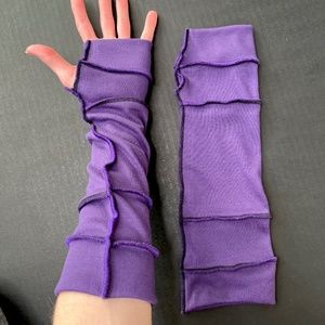 Purple Cyber Goth Fingerless Gloves Black Elbow Length Arm Warmers Thumb Holes